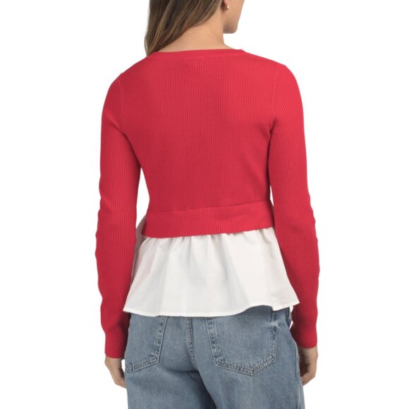 SUNDAY EDITION Red/white Twofer Poplin Peplum Hem Cardigan - Picture 2 of 2